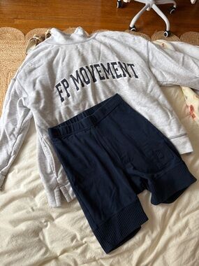 FP Movement by Free People Light Gray Sweatshirt with Navy biker shorts set